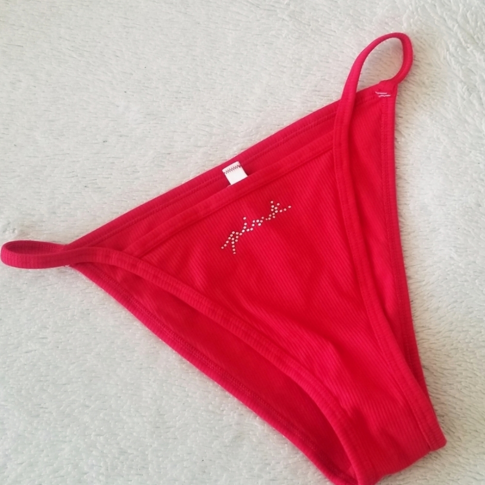 Victoria's Secret PINK Sequin Bling String Bikini Panty Ribbed Red NWT